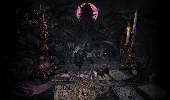 1boy ant balance_scale bell black_eyes bug candle candlelight candlestand card card_game carpet_crawler cat cliff coin coyote dagger dark deer elk ermine forest full_moon gold_teeth hands_up highres hill huge_moon inscryption insect knife leshy long_hair looking_at_viewer messy_hair moon moonlight mountain mouse_(animal) nature night night_sky obscured official_art one-eyed one_eye_closed outdoors playing_card playing_games scar scar_across_eye scar_on_face shade shaded_face shadow skull sky squirrel table teeth tree weapon weasel weighing_scale wolf