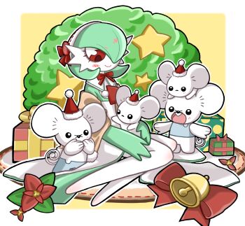 1girl 4others animal_ears animal_nose bell black_eyes blank_eyes blue_shirt blush blush_stickers bob_cut body_fur border bottomless bow bowtie box buck_teeth christmas closed_mouth clothed_pokemon colored_skin covering_own_mouth detached_collar flat_chest flower fur-trimmed_hat furry gardevoir gen_3_pokemon gift gift_box green_hair green_skin gugu_xing_de_guowang hair_bow hair_over_one_eye hairband hands_up happy hat heart legs_together looking_at_another looking_down maushold maushold_(family_of_four) mouse_ears mouse_tail multicolored_skin multiple_others nintendo no_feet on_head one_eye_covered open_mouth outline outside_border pokemon pokemon_(creature) pokemon_on_head pom_pom_(clothes) red_bow red_bowtie red_eyes red_flower red_hat santa_hat shawl shirt short_hair sitting sitting_on_lap sitting_on_person sleeveless sleeveless_shirt smile standing star_(symbol) tail teeth two-tone_skin white_border white_fur white_hairband white_outline white_skin yellow_background yokozuwari