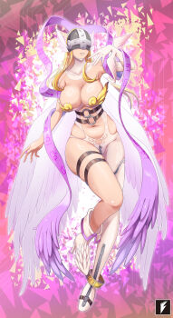 1girl angel angel_wings angewomon ankle_boots arm_up armor armpits artist_logo asymmetrical_clothes bare_shoulders belt black_belt blonde_hair bodysuit boobplate boots breastplate breasts chinese_commentary cleavage clothing_cutout commentary_request covered_collarbone covered_eyes curvy digimoji digimon digimon_(creature) elbow_gloves feathered_wings full_body gloves hagoromo helmet helmet_over_eyes highres holy_ring large_breasts logo long_hair mixed-language_commentary multiple_wings nail_polish navel o-ring o-ring_belt parted_lips partial_commentary pink_background shawl shiny_skin single_elbow_glove skindentation smile solo stomach_cutout teng_zhai_zi thigh_belt thigh_strap white_bodysuit white_boots white_gloves wide_hips winged_helmet wings wrist_wings zipper