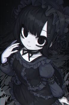 1girl bags_under_eyes black_eyes black_hair blouse choker colored_skin commentary_request frilled_hairband frilled_shirt frilled_skirt frills from_above gothic_lolita hair_ornament hairband hairclip highres juliet_sleeves ketopon kurosaki_reika_(ketopon) light_particles lolita_fashion long_sleeves looking_at_viewer original puffy_sleeves shirt skirt skirt_set smile white_skin