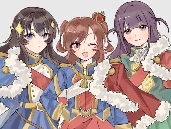 3girls ;d aayako1455280 aijou_karen arm_at_side ascot belt belt_buckle black_hair blue_eyes blue_jacket blue_skirt blunt_bangs blush brown_eyes brown_hair buckle closed_mouth commentary cowboy_shot crown fur-trimmed_jacket fur_trim green_skirt grey_background hand_on_own_hip highres jacket jacket_on_shoulders kagura_hikari long_hair long_sleeves looking_at_viewer mini_crown multicolored_jacket multiple_girls one_eye_closed open_mouth purple_eyes purple_hair red_jacket red_sash red_skirt sash short_hair shoujo_kageki_revue_starlight shoulder_sash side-by-side sidelocks simple_background skirt smile sparkle_hair_ornament standing symbol-only_commentary tassel tilted_headwear tsuyuzaki_mahiru two-tone_jacket two_side_up v-shaped_eyebrows white_ascot white_jacket white_sash yellow_belt
