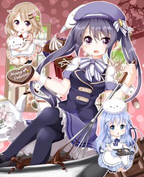 3girls :d :o :q animal animal_on_head apron baking_sheet beret black_legwear blonde_hair blue_eyes blue_hair bow bowl candy chibi chibi_on_head chocolate chocolate_bar chocolate_heart coffee_pot food food_on_face gochuumon_wa_usagi_desu_ka? hair_ornament hairclip happy_valentine hat heart highres hoto_cocoa kafuu_chino licking_lips mittens mixing_bowl multiple_girls on_head open_mouth oversized_object pantyhose pentagram pinstripe_pattern puffy_short_sleeves puffy_sleeves purple_eyes purple_hair rabbit rabbit_on_head ribbon ruu_(tksymkw) short_sleeves smile striped tedeza_rize tippy_(gochiusa) tippy_(gochuumon_wa_usagi_desuka?) tongue tongue_out twintails valentine vest waitress whisk wrist_ribbon