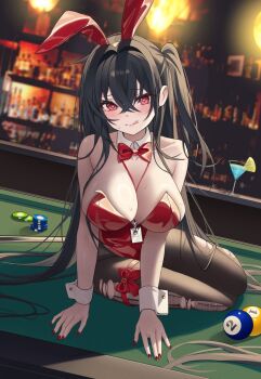 1girl animal_ear_hairband animal_ears arm_support azur_lane ball bar_(place) bare_shoulders billiard_ball black_hair black_pants blurry blurry_background blush bow bowtie breasts cleavage cocktail_glass commentary_request crossed_bangs cup detached_collar drinking_glass dutch_angle fake_animal_ears hair_intakes hairband highleg highleg_leotard highres large_breasts leotard licking_lips long_hair looking_at_viewer melt_(melt_out1) nail_polish official_alternate_costume on_table pants pantyhose playboy_bunny poker_chip pool_table rabbit_ear_hairband rabbit_ears red_bow red_bowtie red_eyes red_leotard red_nails sitting solo strapless strapless_leotard table taihou_(azur_lane) taihou_(fun_on_the_baize)_(azur_lane) tongue tongue_out torn_clothes torn_pantyhose very_long_hair white_wrist_cuffs wrist_cuffs yokozuwari