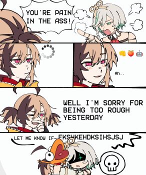 2girls ahoge asphyxiation blush brown_hair bulging_eyes cecilia_immergreen dabeaver72824 doll_joints emoji english_text fraggle_rock gigi_murin glint green_eyes green_highlights highres hololive hololive_english implied_fisting joints loading_icon multicolored_hair multiple_girls muppets open_mouth red_eyes shaded_face skull_emoji smile speech_bubble throat_grab two-tone_hair virtual_youtuber white_background white_hair winding_key