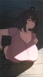 1girl ahoge animated black_hair bouncing_breasts breasts brick_wall brown_hair cleavage closed_eyes collarbone crack cracked_wall female_focus highres huge_breasts insomnia-chan kay_yu light long_hair looping_animation navel original plump pout pushing shadow solo stuck thick_eyebrows through_wall video