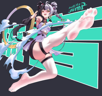 1girl absurdres ahoge aqua_nails black_background black_hair black_shorts blush braid braided_twintails chakram china_dress chinese_clothes commentary_request dated detached_sleeves dialyn_(zenless_zone_zero) dress earrings feet flying_kick foot_focus hair_extensions hair_intakes highres huahuaren_jump jewelry kicking long_hair long_legs looking_at_viewer multicolored_hair multicolored_nails nail_polish necktie open_mouth ring_hair_extensions see-through_clothes shirt shorts smoke solo split-color_hair thigh_strap thighhighs toenail_polish toenails toes weapon white_hair white_shirt white_thighhighs wire yellow_eyes yellow_necktie zenless_zone_zero