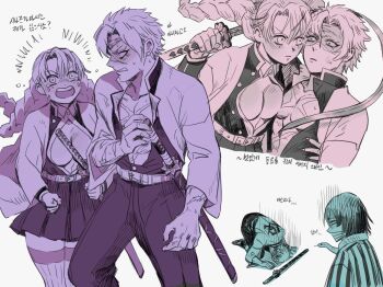 1girl 2boys abs animal apologizing arm_around_waist asymmetrical_docking bandaged_head bandages belt braid breast_press breasts cleavage clenched_hands confused covered_mouth cropped_torso cross_scar crying crying_with_eyes_open demon_slayer_uniform egyuuu embarrassed eye_contact face-to-face floating_hair gloom_(expression) hair_between_eyes hand_up haori heart highres holding holding_sword holding_weapon iguro_obanai japanese_clothes kaburamaru kanroji_mitsuri katana kimetsu_no_yaiba korean_text large_breasts long_hair long_sleeves looking_at_another looking_up miniskirt mole mole_under_eye multiple_boys multiple_monochrome pants partially_unbuttoned pectorals pleated_skirt profile prostration scar scar_on_arm scar_on_chest scar_on_face scar_on_forehead scar_on_hand scar_on_nose serious shinazugawa_sanemi short_hair skirt snake striped sweatdrop sword sword_writing tears thighhighs toned toned_male translation_request tri_braids unsheathed vertical_stripes weapon whip_sword wide_sleeves zettai_ryouiki