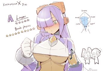 alia_(mega_man) android blunt_bangs blush breasts commentary copyright_name dark-skinned_female dark_skin dated english_commentary hair_over_one_eye headgear headset highres large_breasts layer_(mega_man) long_hair mega_man_(series) mega_man_x8 mega_man_x_(series) mega_man_x_dive mole mole_under_eye pallette_(mega_man) purple_hair robot_ears sketch sollyz solo_focus stats underboob