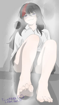 1girl absurdres barefoot black_hair feet highres long_hair looking_at_viewer multicolored_hair original panties pantyshot parted_lips pov purple_eyes shaded_face shark_shark_xt smile soles steam streaked_hair toes underwear