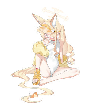 1girl absurdres animal_ear_fluff animal_ears blonde_hair blue_archive breasts clothing_cutout covered_navel cross_halo diamond_cutout fox_ears fox_girl fox_tail halo highleg highleg_one-piece_swimsuit highres jacket long_hair official_alternate_costume official_alternate_hairstyle one-piece_swimsuit orange-tinted_eyewear orange_eyes seia_(blue_archive) seia_(swimsuit)_(blue_archive) shoes side_ponytail simple_background sitting small_breasts solo sunglasses swimsuit tail tinted_eyewear visor_cap white_background white_one-piece_swimsuit yellow_halo yellow_jacket yellow_shoes yellow_visor zimu_youzi_cha
