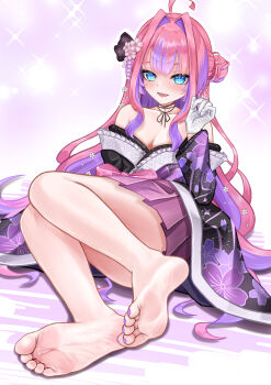 Rule 34 | 1girl, absurdres, barefoot, blue eyes, blush, breasts, chrochlomyl, cleavage, feet, highres, hololive, japanese clothes, kikirara vivi, kimono, long hair, looking at viewer, multicolored hair, open mouth, pink hair, purple hair, soles, streaked hair, toes