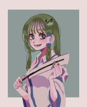 Rule 34 | 1girl, frog hair ornament, gohei, green eyes, green hair, green nails, hair ornament, hair tubes, kochiya sanae, konoha217, light blush, long hair, looking at viewer, nontraditional miko, open mouth, shirt, single hair tube, smile, solo, touhou, upper body