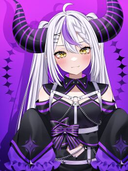 1girl absurdres ahoge argyle_background black_bow black_dress blush bow braid braided_bangs chain_harness closed_mouth clothing_cutout commentary_request detached_sleeves double-parted_bangs dress drop_shadow eyelashes fang frilled_sleeves frills gradient_background hair_intakes hair_ornament hairclip harness head_tilt highres hololive horns la+_darknesss long_hair long_sleeves looking_at_viewer midriff_peek multicolored_hair navel_cutout o-ring o-ring_harness pointy_ears purple_background purple_bow purple_streaks skin_fang sleeves_past_fingers sleeves_past_wrists solo streaked_hair striped_bow striped_horns twintails upper_body virtual_youtuber wanko_(yurika0320) white_hair x_hair_ornament yellow_eyes
