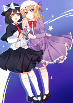 Rule 34 | 2girls, :d, :o, absurdres, back bow, black capelet, black hat, black shoes, black skirt, blonde hair, blue background, blush, bow, bowtie, brown hair, brown shoes, capelet, chinese commentary, collared dress, collared shirt, commentary, contrast collar, dress, frilled dress, frills, hair bow, hat, hat bow, hat ribbon, heart, highres, holding, holding photo, interlocked fingers, long sleeves, looking at viewer, maribel hearn, medium hair, mob cap, multiple girls, necktie, open mouth, photo (object), purple dress, purple eyes, red bow, red bowtie, red necktie, red ribbon, ribbon, ribbon-trimmed headwear, ribbon trim, shirt, shoes, skirt, sleeve cuffs, smile, socks, standing, standing on one leg, star (symbol), touhou, usami renko, white bow, white hat, white shirt, white socks, yellow eyes, ying miao, yuri