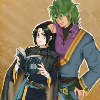 2boys black_hair book commentary facial_mark fire_emblem fire_emblem:_path_of_radiance forehead_mark green_hair hand_on_another&#039;s_head highres holding holding_book kiu22 long_hair looking_at_another male_focus multiple_boys nintendo parted_lips red_eyes soren_(fire_emblem) stefan_(fire_emblem)