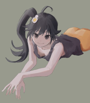 Rule 34 | 1girl, ahoge, araragi karen, bare shoulders, black eyes, black hair, black tank top, breasts, cleavage, closed mouth, collarbone, commentary, egg hair ornament, food-themed hair ornament, fried egg, green background, hair between eyes, hair flaps, hair ornament, highres, long hair, looking at viewer, lying, monogatari (series), on stomach, one-hour drawing challenge, oretekiya, shorts, side ponytail, simple background, sketch, small breasts, smile, solo, tank top, wavy mouth, yellow shorts