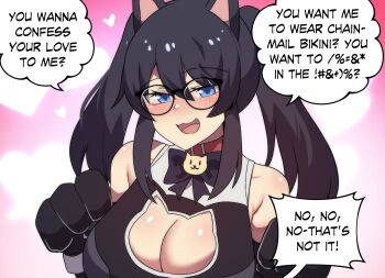 1girl animal_ears animal_hands bare_shoulders black_hair black_shirt blue_eyes blush breasts cat_cutout cat_ears cat_girl cleavage cleavage_cutout clothing_cutout commentary double-parted_bangs english_commentary english_text glasses gloves hair_between_eyes heart highres hinghoi large_breasts long_hair looking_at_viewer merryweather open_mouth original paw_gloves pink_background shirt sleeveless sleeveless_shirt smile solo speech_bubble talking twintails upper_body