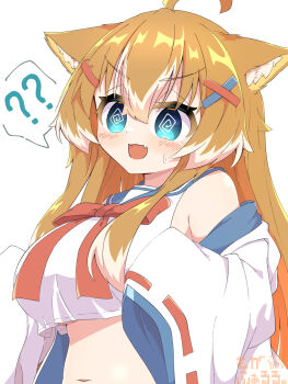 Rule 34 | 1girl, ?, ??, @ @, ahoge, animal ear fluff, animal ears, aqua eyes, artist name, blue sailor collar, bow, bowtie, breasts, cropped shirt, dog ears, dog girl, fang, hair between eyes, hair ornament, hairclip, haru (toramaru2001710), highres, jacket, jacket partially removed, large breasts, light blush, long hair, multicolored hair, open clothes, open jacket, open mouth, orange hair, original, red bow, red bowtie, sailor collar, shirt, sidelocks, simple background, skin fang, sleeveless, sleeveless shirt, sleeves past fingers, sleeves past wrists, solo, spoken question mark, stomach, sweatdrop, toramaru2001710, two-tone hair, upper body, v-shaped eyebrows, white background, white hair, white jacket, white shirt, x hair ornament