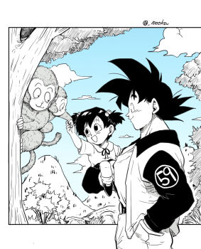 black_eyes black_hair carrying carrying_person cloud cloudy_sky dragon_ball grandfather_and_granddaughter happy monkey mountain muscular muscular_male pan_(dragon_ball) sky smile son_goku spot_color tagme toriyama_akira_(style) tree
