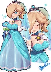 Rule 34 | 1girl, aqua dress, aqua eyes, artist logo, artist name, bare shoulders, blush, breasts, brooch, cleavage, closed eyes, collar, dress, earrings, full body, gloves, heart, highres, holding, holding plant, ice flower, jewelry, large breasts, long dress, long hair, looking at viewer, mario (series), nintendo, pink lips, plant, rosalina, simple background, solo, star (symbol), star brooch, star earrings, strapless, strapless dress, tiara, toggy keiichi, upper body, veil, white background, white gloves