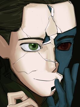 1boy alternate_form animification black_hair blue_skin broken_mask colored_sclera colored_skin cracked_kawaii_mask dual_persona green_eyes hair_slicked_back heterochromia highres loki_(marvel) male_focus marvel mask portrait red_eyes red_sclera solo sunwillshineon thor_(marvel)_(series)