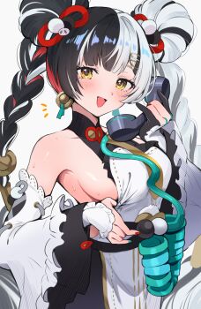 1girl armpits bare_shoulders black_hair braid breasts cable china_dress chinese_clothes commentary_request detached_sleeves dialyn_(zenless_zone_zero) double_bun dress enipa_28 gloves hair_bun hair_ornament hairclip hand_up highres holding holding_phone long_hair long_sleeves looking_at_viewer medium_breasts multicolored_hair open_mouth partially_fingerless_gloves phone sideboob sleeveless sleeveless_dress smile solo streaked_hair sweat twin_braids twintails upper_body white_dress white_hair wide_sleeves yellow_eyes zenless_zone_zero