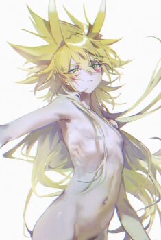 Rule 34 | 1boy, alien 888, antenna hair, bare arms, bare back, bare hips, bare pectorals, bare shoulders, completely nude, facial mark, facing to the side, green eyes, hair between eyes, highres, kuaidul velgear, long hair, looking to the side, male focus, no nipples, nude, out-of-frame censoring, outstretched arm, pectorals, skinny, spiked hair, white background, yu-gi-oh!, yu-gi-oh! go rush!!
