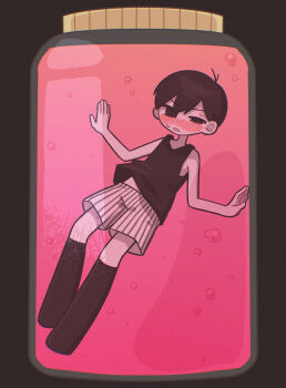 Rule 34 | 1boy, absurdres, air bubble, antenna hair, black eyes, black hair, black shorts, black socks, black tank top, blush, brown background, bubble, colored skin, commentary request, double-parted bangs, full body, hair between eyes, highres, jar, kneehighs, looking at viewer, male focus, omori, omori (omori), parted lips, short hair, shorts, simple background, socks, solo, striped clothes, striped shorts, sweat, tank top, two-tone shorts, vertical-striped clothes, vertical-striped shorts, white shorts, white skin, yksm oe