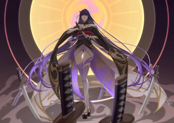 1girl alternate_costume alternate_hairstyle alternate_universe angry arm_up bare_shoulders blunt_bangs blurry closed_mouth collarbone depth_of_field detached_collar electro_symbol_(genshin_impact) eyeliner full_body genshin_impact glowing glowing_eyes gradient_hair hair_ornament highres holding holding_sword holding_weapon japanese_clothes katana kimono light_rays long_sleeves looking_at_viewer looking_down makeup mitsudomoe_(shape) multicolored_eyes multicolored_hair ngkhyn no_mole off_shoulder pink_lips purple_eyes purple_hair purple_kimono purple_thighhighs raiden_shogun red_eyeliner red_pupils red_sash redesign sash shade shaded_face solo standing sun sword thighhighs thighs tomoe_(symbol) torn_clothes torn_thighhighs weapon wide_sleeves