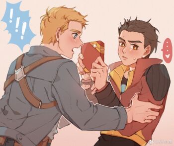 Rule 34 | !, ..., 2boys, avengers (series), avengers academy, back, black shirt, blonde hair, blue eyes, blush, box, brown eyes, brown hair, chinese commentary, commentary request, cowboy shot, fingernails, gift, gift box, grabbing another's arm, grey jacket, hands up, heart, highres, holding, holding box, jacket, long sleeves, looking afar, looking at another, male focus, marvel, multiple boys, nervous, open clothes, open jacket, open mouth, pink background, red jacket, shirt, short hair, simple background, spoken ellipsis, spoken heart, standing, steve rogers, sweatdrop, t-shirt, tony stark, yaoi, yizilu699