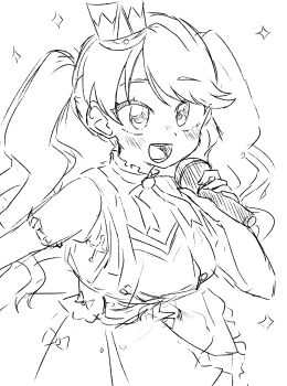 Rule 34 | 1girl, :d, bare shoulders, breasts, commentary, cowboy shot, dress, frilled dress, frills, fujishima megumi, greyscale, hat, highres, holding, holding microphone, kanzaki gou, key of like!, large breasts, link! like! love live!, long hair, love live!, microphone, mini hat, mini shako cap, monochrome, open mouth, shako cap, short dress, simple background, smile, solo, sparkle, twintails, virtual youtuber, white background