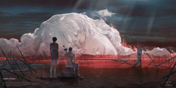 1girl 2boys absurdres barefoot belt berserk bilingual_commentary black_hair casca_(berserk) chinese_commentary closed_eyes closed_mouth cloud cloudy_sky commentary english_commentary english_text eyelashes flag griffith_(berserk) guts_(berserk) highres light_rays mixed-language_commentary multiple_boys neon_genesis_evangelion pants red_water short_hair signature sitting sky spencer_sais standing storm_cloud sunbeam sunlight surreal sword the_end_of_evangelion topless_male torn_flag tunic water weapon white_hair white_pants