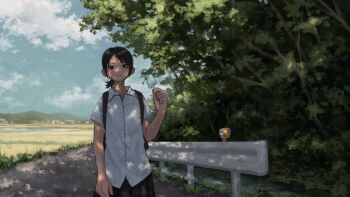 1girl backpack bag black_eyes black_hair black_skirt cloud cloudy_sky collared_shirt commentary_request dappled_sunlight food grass holding holding_food holding_popsicle looking_at_viewer original outdoors parted_lips pleated_skirt ponytail popsicle road rural shirt short_ponytail short_sleeves skirt sky solo sunlight tree wabuchi white_shirt