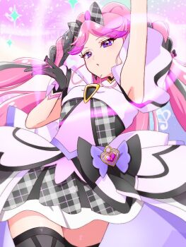 black_gloves black_hair black_thighhighs braid brooch cowboy_shot cure_kiss dress earrings fortissimo frills gloves gradient_background gradient_hair hair_ornament hair_ribbon hikota. jewelry kimi_to_idol_precure long_hair meroron_(precure) multicolored_hair musical_note musical_note_hair_ornament pink_background pink_hair precure puffy_dress purple_eyes ribbon thighhighs twin_braids twintails very_long_hair