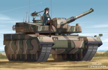 Rule 34 | 1girl, aircraft, alvin art15, artist name, beret, black pantyhose, brown hair, browning m2, cannon, caterpillar tracks, commentary, commission, crossed legs, cup, english commentary, glasses, gun, hat, heavy machine gun, heterochromia, highres, holding, holding cup, k2 black panther, machine gun, military uniform, military vehicle, motor vehicle, mug, on tank, original, pantyhose, red eyes, sitting, smoke grenade launcher, solo, tank, treads, vehicle focus, weapon, yellow eyes