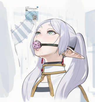 1boy 1girl ball_gag bar_censor bdsm capelet censored clothed_female_nude_male code:074 commentary_request drooling earrings elf frieren gag green_eyes grey_hair highres jewelry long_hair looking_at_penis meme nose nude open_mouth parted_bangs penis penis_awe pointy_ears precum saliva short_eyebrows solo_focus sousou_no_frieren teardrop_earrings twintails upward_angle_frieren_drawing_(meme) white_background white_capelet