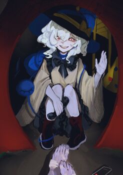 1girl 1other absurdres bandaid black_skirt boots cellphone commentary_request feet hair_between_eyes hand_up hat highres holding holding_phone komeiji_koishi long_sleeves looking_at_viewer mashi_(pixiv_zcjd2538) medium_hair parted_lips phone shirt skirt smartphone smile squatting third_eye touhou wavy_hair white_eyes white_hair yellow_shirt