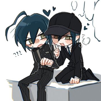 2boys ? ?? ahoge annoyed black_hair black_hat black_jacket blue_necktie blush brown_eyes buttons collared_jacket collared_shirt commentary_request confused danganronpa_(series) danganronpa_v3:_killing_harmony deformed dual_persona eyelashes hair_between_eyes hat heart index_finger_raised jacket kneeling long_sleeves male_focus multiple_boys necktie open_mouth pants pinstripe_jacket pinstripe_pants pinstripe_pattern saihara_shuichi school_uniform shirt short_hair sitting striped_clothes sweatdrop tujiang6 white_background