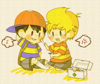 2boys bandaid black_hair blonde_hair blue_eyes hat lucas_(mother_3) male male_focus mother_(series) mother_2 mother_3 multiple_boys ness_(mother_2) nintendo quiff smile speech_bubble super_smash_bros.