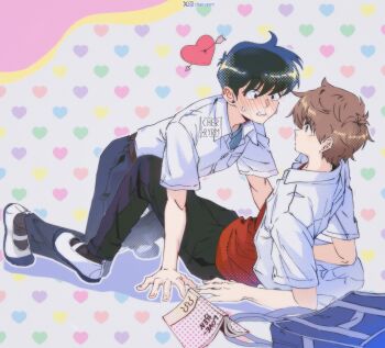 2boys arrow_through_heart bag black_hair black_pants black_socks brown_hair brown_pants commentary dress_shirt embarrassed english_commentary full_body ganbare!_nakamura-kun!! heart highres hirose_aiki instagram_logo instagram_username male_focus multiple_boys nakamura_okuto notebook on_floor open_clothes open_shirt pants red_shirt ryrmcher school_bag school_uniform shirt shirt_tucked_in shoes short_hair socks t-shirt twitter_username twitter_x_logo unbuttoned undershirt white_shirt white_shoes yaoi