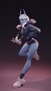 1girl 3d absurdres artist_name bare_legs black_background black_hoodie black_sclera black_shorts blender_(medium) blue_horns blue_skin colored_sclera colored_skin cup demon demon_gf_(cyarin) demon_girl drinking_straw eye_symbol foam full_body hand_in_pocket highres holding holding_cup hood hoodie horns looking_at_viewer ninjason_chan pointy_ears puffy_sleeves shoes shorts simple_background slit_pupils sneakers socks solo spilling standing standing_on_one_leg teeth white_hair white_shoes white_trim yellow_eyes