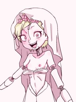 1girl angie_(resident_evil) arms_at_sides blonde_hair breasts capcom clothes_pull collarbone cowboy_shot doll_girl dress dress_pull eyebrows eyelashes female_focus loli looking_at_viewer monochrome nipples no_bra open_mouth oversleepergirl pink_theme resident_evil resident_evil_village short_hair simple_background small_breasts smile solo standing strapless strapless_dress teeth veil