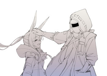 Rule 34 | 1girl, amiya (arknights), animal ears, arknights, doctor (arknights), hair between eyes, hand on another's head, headpat, highres, hood, hooded jacket, jacket, lemon raimu, long hair, long sleeves, open clothes, open jacket, open mouth, ponytail, rabbit ears, shirt, sidelocks, smile