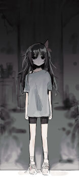 1girl absurdres aged_down alley arms_at_sides asymmetrical_legwear aubrey_(faraway)_(omori) aubrey_(omori) black_eyes black_hair black_shorts blue_shirt blurry blurry_background bow bra_strap closed_mouth collarbone commentary dark empty_eyes full_body hair_between_eyes hair_bow highres long_hair mismatched_legwear no_pupils omori outdoors pink_bow shirt shoelaces shoes shorts sketch socks solo standing straight-on sukinakoto1ppai untied_shoelaces