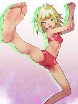 Rule 34 | 1girl, barefoot, blonde hair, blush, feet, green eyes, highres, looking at viewer, medium hair, open mouth, original, own hands clasped, soles, soon (c-u-soon), toes