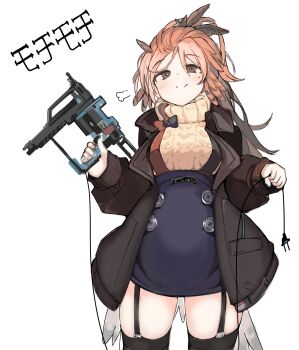 1girl absurdres arknights bird_girl black_thighhighs blue_skirt breasts brown_eyes closed_mouth feather_hair gun highres holding holding_gun holding_weapon hugenekko large_breasts looking_at_viewer medium_breasts orange_hair orange_pupils pinecone_(arknights) simple_background skirt smile standing sweater thighhighs thighs weapon white_background zettai_ryouiki