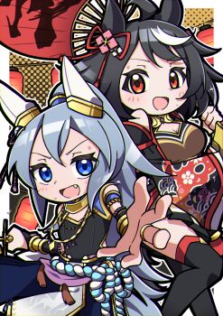 1girl absurdres ahoge animal_ears baggy_pants bare_shoulders bell black_hair black_shirt blue_eyes blue_pants bow breasts chanchanko_(clothes) cleavage cleavage_cutout clothing_cutout cosplay crutch_elbow detached_sleeves ear_covers ear_ornament ear_ribbon flower_ornament fur-trimmed_socks grey_hair grey_tail hair_between_eyes hair_ornament high-waist_pants highres horse_ears horse_girl horse_tail jewelry jingle_bell kagura_suzu kitasan_black_(crowning_ooban)_(umamusume) kitasan_black_(umamusume) kitasan_black_(umamusume)_(cosplay) kouhaku_nawa long_hair looking_at_viewer multicolored_hair official_alternate_costume official_alternate_hairstyle open_mouth pants ponytail red_eyes rope shimenawa shirt short_hair sleeveless sleeveless_shirt smile solo streaked_hair tail tamamo_cross_(fierce_thunder_god)_(umamusume) tamamo_cross_(umamusume) umamusume umamusume:_cinderella_gray very_long_hair white_hair yellow_sleeves