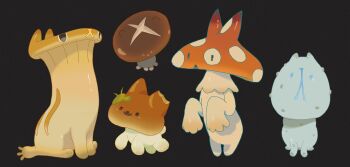 animalization black_background creature creature_focus film_grain fly_agaric highres mushroom no_humans original oyster_mushroom shiitake sitting sorochii standing