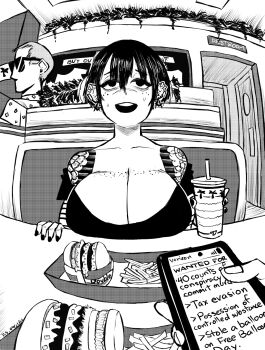 1boy 1girl arm_tattoo black_hair black_nails breasts burger cellphone cleavage cup disposable_cup drinking_straw earrings english_text fast_food food freckles freckles_on_breasts french_fries gekikara_(tomboy-sama) highres irezumi jewelry large_breasts long_sleeves loose_clothes loose_shirt multiple_earrings nail_polish original phone scar scar_on_face shirt smartphone sunglasses sweat tattoo wanted_poster yakuza