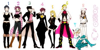 1boy 6+girls bad_id bad_pixiv_id black_hair blonde_hair breasts brown_hair closed_eyes dress genderswap genderswap_(ftm) genderswap_(mtf) giorno_giovanna happy hat higashikata_josuke higashikata_josuke_(jojolion) highres hoshiko_(shu-kuri-mu) johnny_joestar jojo_no_kimyou_na_bouken jojolion jonathan_joestar joseph_joestar joseph_joestar_(young) kuujou_jolyne kuujou_joutarou large_breasts long_hair looking_at_viewer multicolored_hair multiple_girls one_eye_closed pompadour purple_hair short_dress short_hair short_shorts shorts simple_background small_breasts smile standing steel_ball_run thighhighs two-tone_hair vento_aureo white_background wink zettai_ryouiki